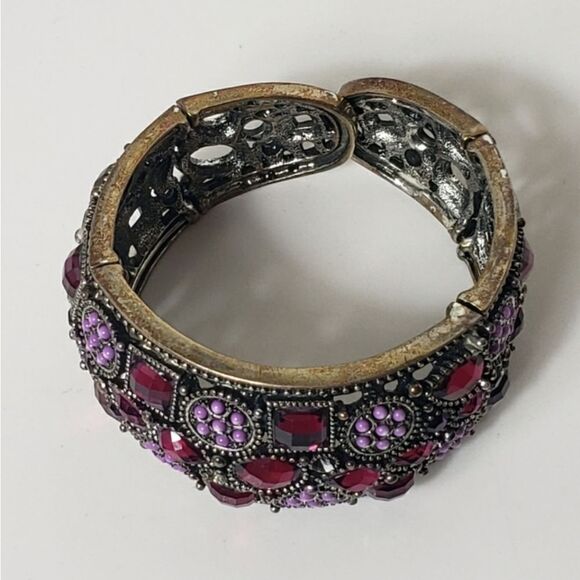 YUHONG Hinged Metal Jeweled Embellished Cuff Bracelet Purple - Picture 2 of 8